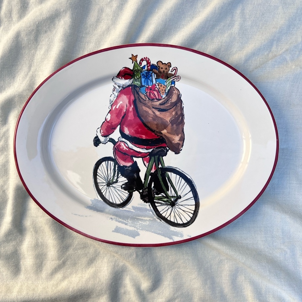 Pottery Barn‎ Santa on Bike Oval Christmas Serving Platter 15.25"